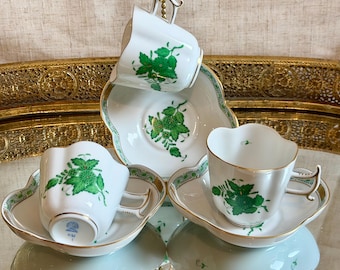Vintage Herend Hungary Demitasse Cup and Saucer – Chinese Bouquet Green – Hand Painted Hungarian Porcelain Espresso Cup