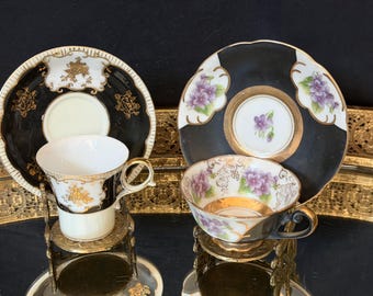 Vintage Ardalt Porcelain Demitasse Cup and Saucer, Black and Gold Japanese Fine China