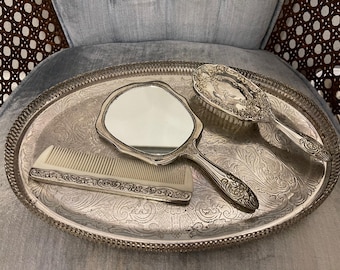 Vintage Gold Tone Vanity Mirror Brush & Comb Set | Antique Dresser Set | Silver Dresser Vanity Decor | Mid Century Boudoir Gift