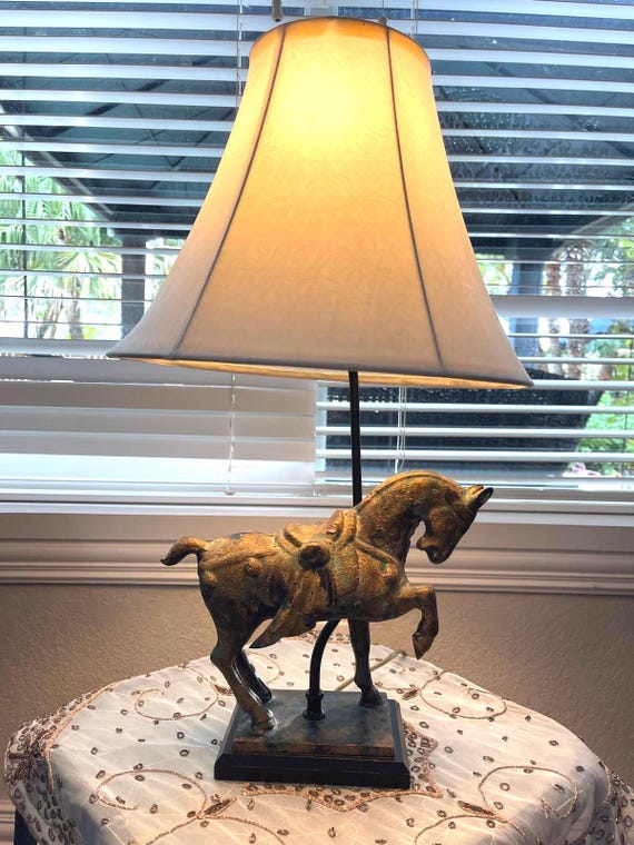 Antique Chinese Iron Horse Lamp | Tang Style Equestrian Sculpture