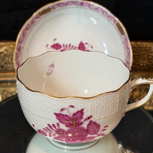 Herend Apponyi Raspberry Porcelain Tea Set | Hand-Painted Floral China Hungary wide cup