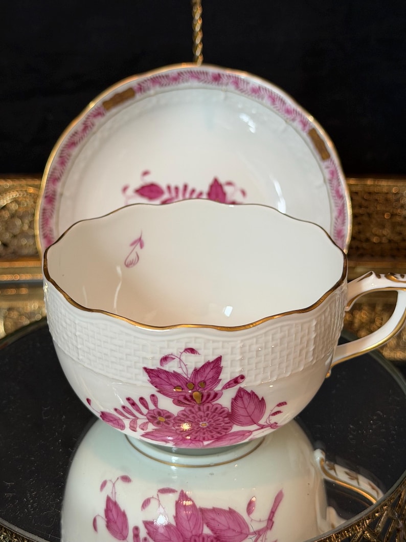 Herend Apponyi Raspberry Porcelain Tea Set | Hand-Painted Floral China Hungary wide cup