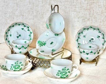 Vintage Herend Porcelain Teacup and Saucer – Choose Pattern – Hungarian Hand Painted Green Tea Cup – Clover Vine Garland – Collectible China