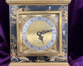 Vintage Wai Hing Clocks Co. Chinoiserie Black Lacquer Hand-painted