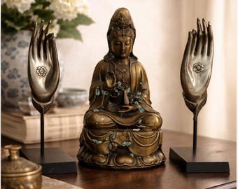 Vintage Asian Buddha & Silver Hand Sculptures – Mixed Metal Spiritual Decor – Hollow Cast Statue with Natural Patina – Zen Meditation Art