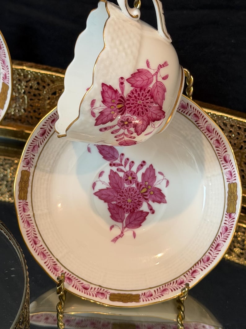 Herend Apponyi Raspberry Porcelain Tea Set | Hand-Painted Floral China Hungary Small cup