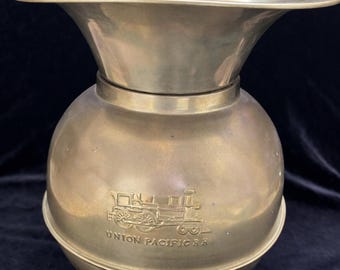 Vintage Union Pacific Railroad Brass Spittoon, Embossed Train Logo, Large Railway Memorabilia Decor