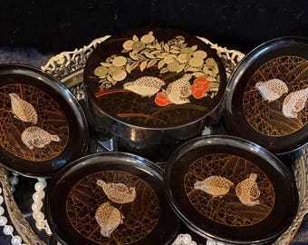 Japan vintage Otagiri,  Japanese lacquerware coaster set with a quail bird design. 7 pieces