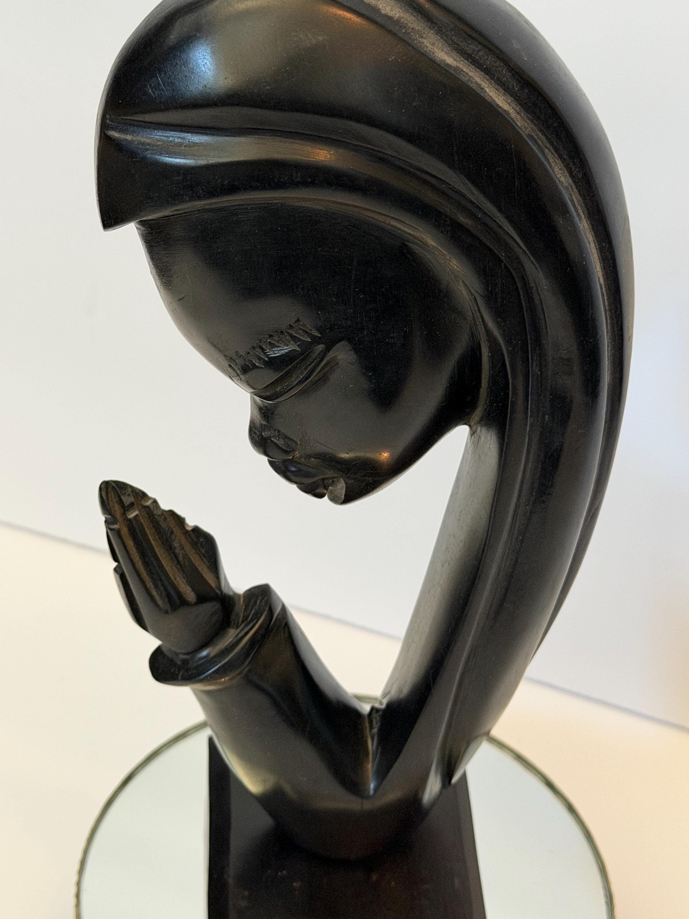 Hand Carved Wooden Praying Woman Sculpture - Black Spiritual Art Home Decor
