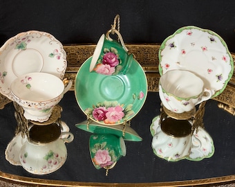 Vintage blommig demitassekopp och fat | Fint espresso-set i porslin