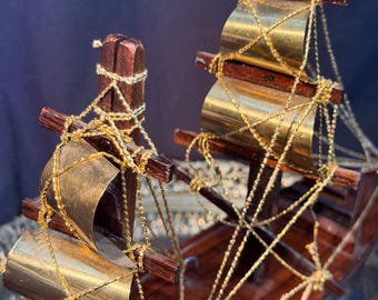 Vintage Wooden Ship Model – Brass Sails Nautical Decor Maritime Display