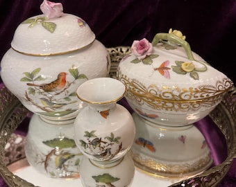 Vintage Herend Porcelain Jewelry Box, Vase- Sugar Bowl Set | Hand-Painted Hungarian Porcelain | Rothschild Bird- Butterfly Decor