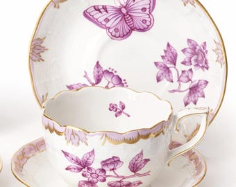 Herend Apponyi Raspberry Butterfly Teacup and Saucer Set of 2 | Herend Hungary Porcelain Tea Cups | Hand Painted Floral Gold Trim