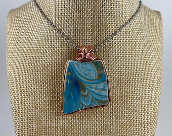 Upcycled Broken China Jewelry Pendants with Teal, Purple & Copper Flowers in Copper Bezel Trim