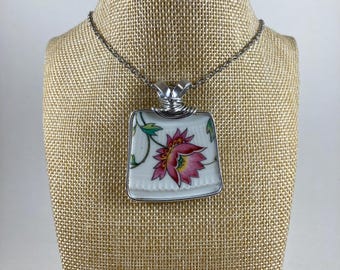 Upcycled Broken China Jewelry Pendants with Pink, Purple & Green Flowers in Silver Trim