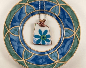 Upcycled Broken China Pendant, Blue Green Flowers, Copper Wire Wrapped, Stainless Steel Chain