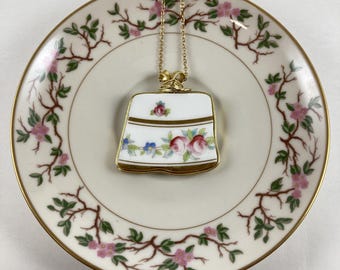 Upcycled Broken China Jewelry Pendant with Pink and Blue Flowers and Gold Trim