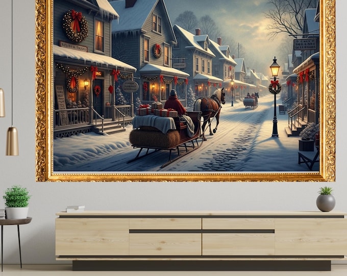 Featured listing image: Winter Village Frame TV Art,Horse-cozy holiday Christmas Scene,Snowy Street Digital Download