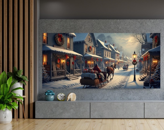 Featured listing image: Winter Village Frame TV Art,Horse-cozy holiday Christmas Scene,Snowy Street Digital Download