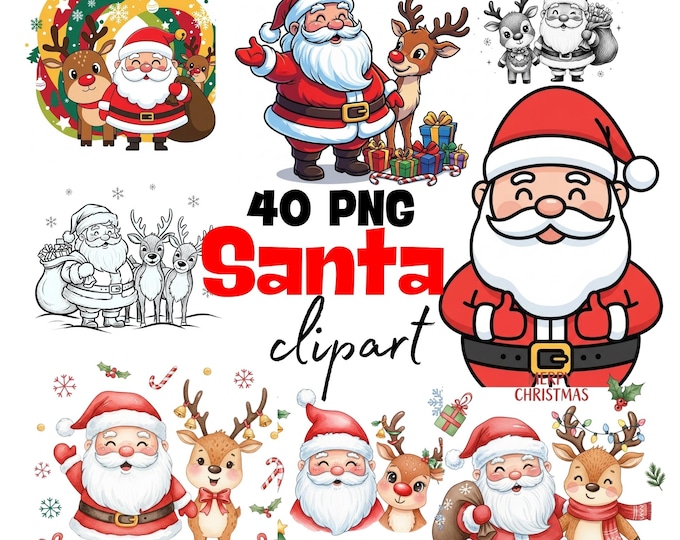 Featured listing image: Santa Claus Christmas Clipart: 40 Whimsical PNG Graphics (Digital Download)