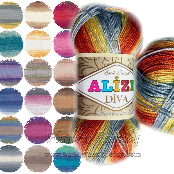 Alize Diva Batik. Silk effect Microfiber yarn light weight sport 4 ply, shade colors batik colors self stripping, melange color choice DSH