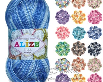 Multicolor cotton yarn Alize Miss Melange 100% Mercerized Cotton Melange cotton yarn crochet thread size 10 3 ply Colour of your choice. DSH
