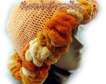 Ruffle hat, beanie, toque. Crocheted.  Ladies crocheted hat. Size Medium. Original Design. One of a kind. Unique. Vineyard hat .