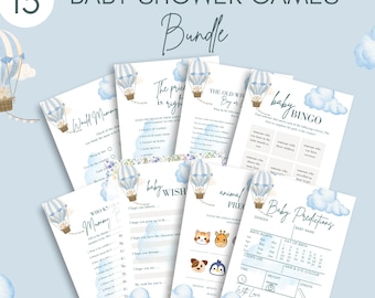 Lot de jeux de baby shower en montgolfière à imprimer | 15 jeux de baby shower | Activités de baby shower bleues | Téléchargement instantané