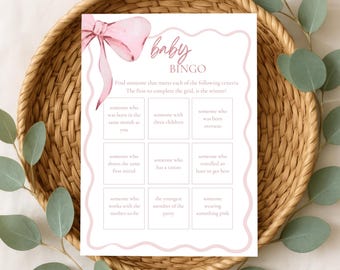 Baby Shower Bingo Game Printable | Pink Bow Baby Shower | Prefilled Bingo Cards | Instant Download