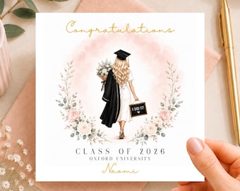 May include: A square graduation greeting card featuring a blonde graduate in a white dress and black gown, holding flowers and a sign that says I DID IT! with a heart. Text reads Congratulations, CLASS OF 2026, OXFORD UNIVERSITY, and Naomi.