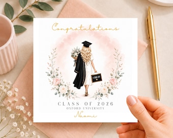 May include: A square graduation card featuring a blonde graduate in a white dress and black gown, holding a bouquet and a sign that says I DID IT!. The card includes the text Congratulations, CLASS OF 2026, OXFORD UNIVERSITY, and Naomi.