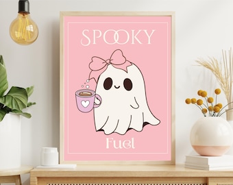 Spooky Fuel Wall Art, Cute Ghost Coffee Print, Pink Halloween Digital Download, Spooky Cute Autumn Printable Decor