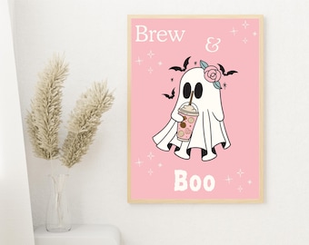 Brew & Boo Wall Art, Cute Ghost Coffee Print, Pink Halloween Decor, Spooky Cute Digital Download, Pastel Autumn Printable
