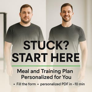 Może przedstawiać: Podzielony obraz przedstawia mężczyznę przed i po transformacji. Tekst "STUCK? START HERE" jest nałożony na obraz. Poniżej widnieje napis "Meal and Training Plan Personalized for You." Dodatkowy tekst brzmi "Fill the form • personalized PDF in ~10 min."