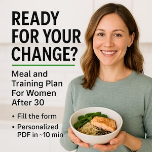 Może przedstawiać: Kobieta trzyma białą miskę ze zdrowym posiłkiem. Miska zawiera łososia, zboża i szpinak. Tekst: "GOTOWA NA ZMIANĘ? Plan posiłków i treningów dla kobiet po 30."