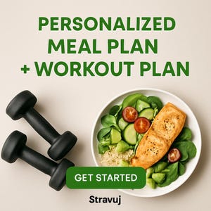 May include: An image promoting a personalized meal plan and workout plan. The image features two black dumbbells, a bowl of salad with salmon, and text that reads "PERSONALIZED MEAL PLAN + WORKOUT PLAN" and "GET STARTED".