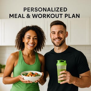 Könnte beinhalten: Eine Person in einem grünen Tanktop hält eine Schüssel mit Essen, während eine andere Person in einem schwarzen Shirt einen grünen und transparenten Shaker hält. Der Text "PERSONALIZED MEAL & WORKOUT PLAN" steht oben. Thema: gesunder Lebensstil.