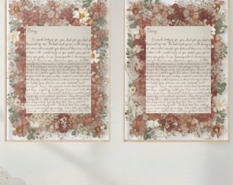 Aangepaste bruiloft gelofte kalligrafiekunst, geperste bloem zwevend frame set van twee, poëziekunst