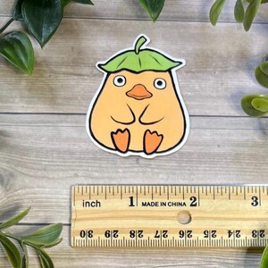 Puede incluir: Una pegatina troquelada que muestra un personaje de dibujos animados con un cuerpo de color naranja claro en forma de pera, un sombrero de hoja verde y pies naranjas, colocada sobre una regla de madera que mide unos 5,7 cm de ancho.