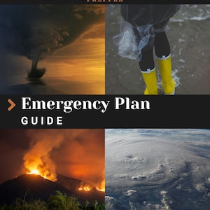 May include: A guide titled "Emergency Plan Guide" with images of natural disasters. The top left shows a tornado, the top right shows a person in yellow boots, the bottom left shows a volcano, and the bottom right shows a hurricane.