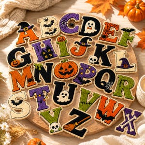 May include: A collection of twenty-six embroidered alphabet patches featuring Halloween themes. Each letter is decorated with icons including ghosts, pumpkins, bats, skulls, witches' hats, spiders, webs, and brooms in orange, purple, green, and black.