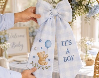 Personalized Baby Shower Wreath Bow, It's A Boy Door Hanger Bow, Blue Gingham Nursery Decor, Bear Embroidered Bow, Baby Boy Welcome