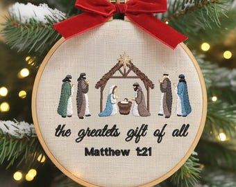 Christian Nativity Embroidery Ornament – Handmade Christmas Hoop Decor with Bible Verse Matthew 1:21 and Red Bow Tree Hanging