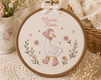 Personalized Goose Embroidery Hoop, Custom Baby Name Nursery Decor, Hand Embroidered Hoop, Baby Girl Gift, Cottagecore Nursery Wall Art