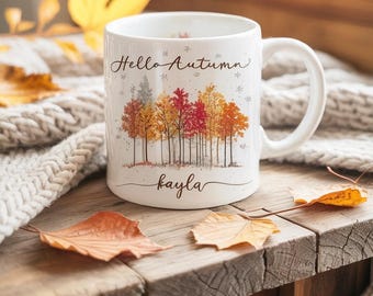 Personalized Hello Autumn Mug – Custom Name Fall Coffee Cup – Cozy Autumn Leaves Forest Mug Gift for Her, Thanksgiving or Fall Lovers