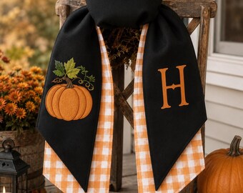 Personalized Fall Wreath Sash, Pumpkin Monogram Door Bow, Thanksgiving Wreath Sash, Autumn Front Door Decor, Custom Initial Wreath Accent