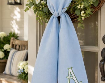 Personalized Monogram Wreath Sash, Embroidered Initial Wreath Bow, Custom Front Door Sash, Housewarming Gift, Wedding & Porch Decor