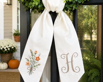Fall Embroidered Floral Wreath Sash: Fall Cotton Door Decor