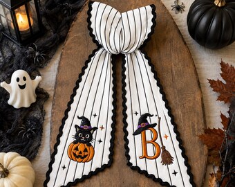 Personalized Halloween Wreath Sash, Monogram Witch Bow, Black Cat Pumpkin Embroidered Wreath Bow, Halloween Front Door Decor, Fall Gift