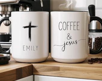 Personalized Coffee and Jesus Mug – Christian Faith Cup with Name – Cross Mug Gift for Her, Religious Gift, Morning Prayer Mug